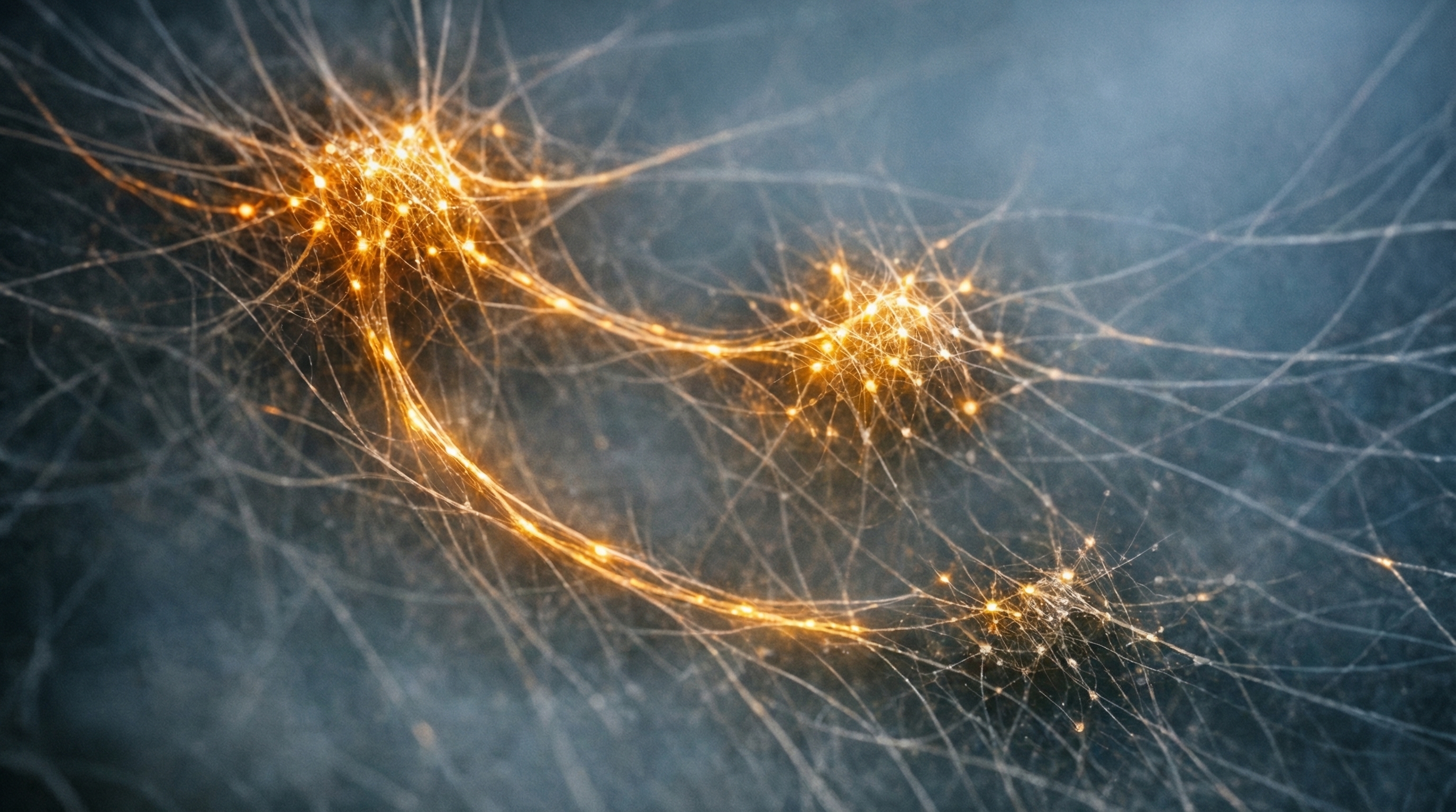 Mycelium network forming distinct cluster patterns, each with different density and character, connected by glowing amber pathways