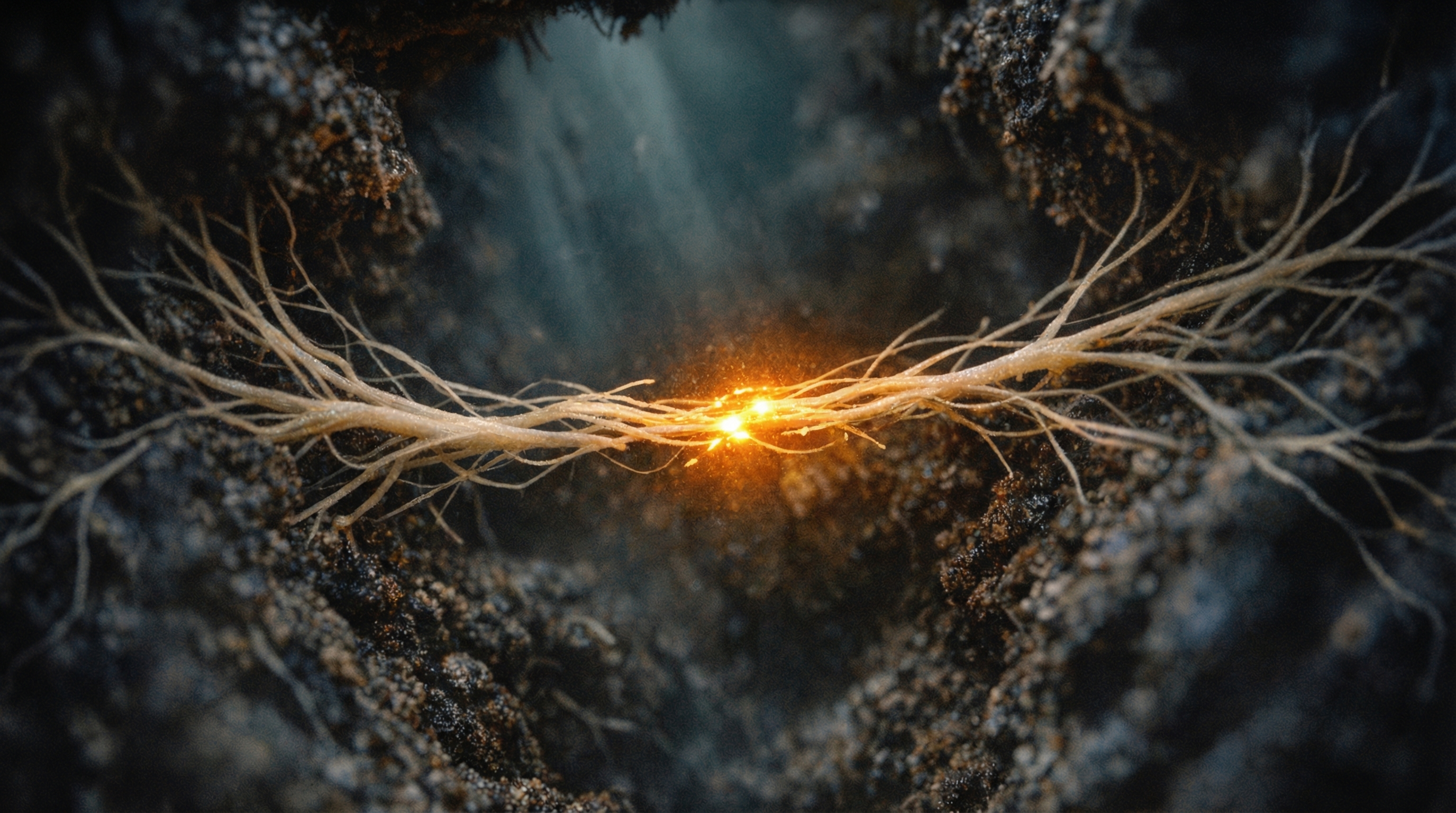 Two mycelium networks reaching toward each other underground, their threads beginning to interweave at a glowing amber junction point